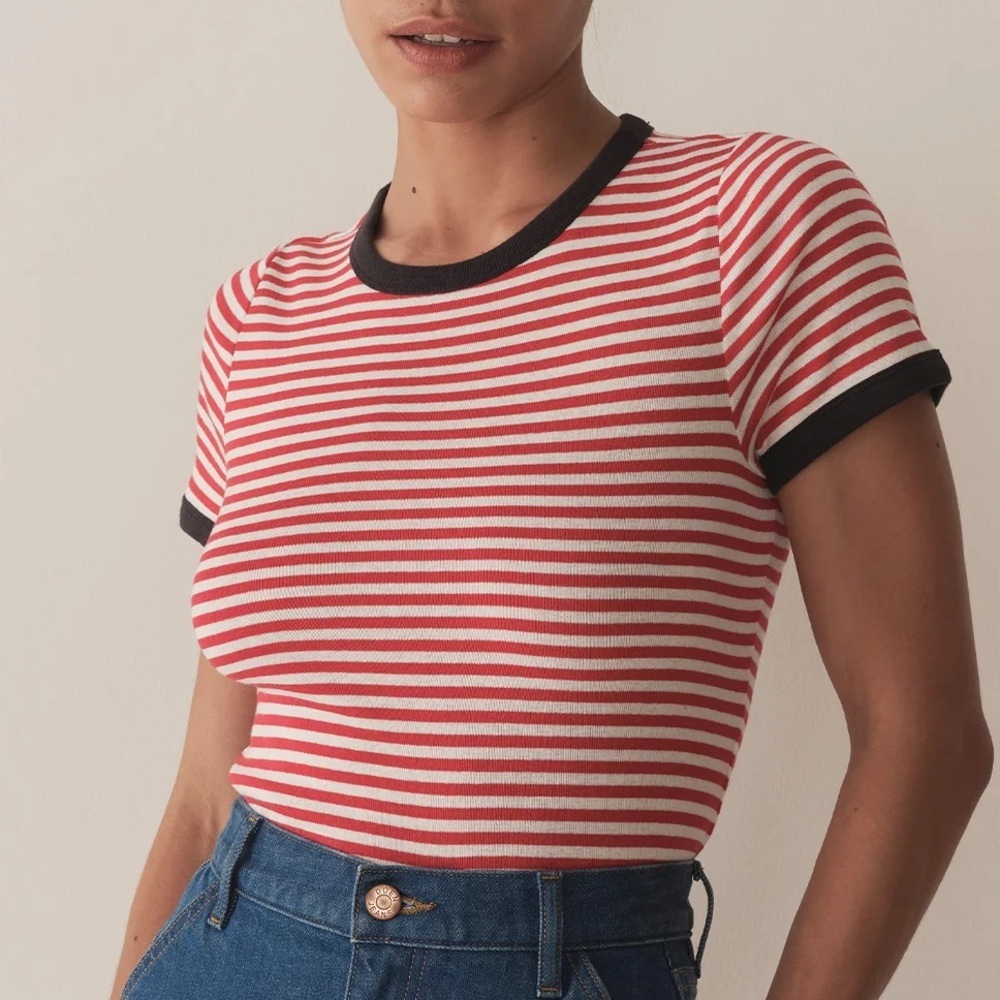 NWT Doen Vivi Cotton Ringer Crewneck T Shirt Top Rouge Nantucket Stripe Red